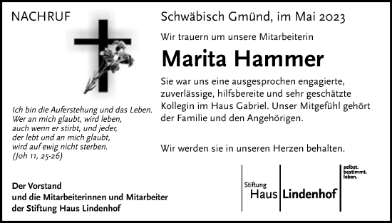 Traueranzeige von Marita Hammer von Gmünder Tagespost