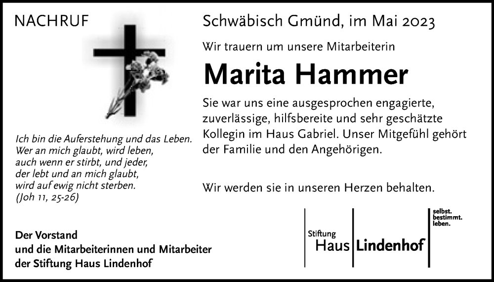  Traueranzeige für Marita Hammer vom 03.06.2023 aus Gmünder Tagespost