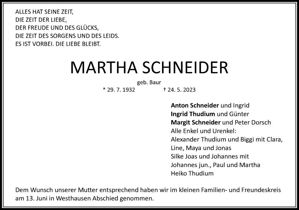  Traueranzeige für Martha Schneider vom 14.06.2023 aus Schwäbische Post
