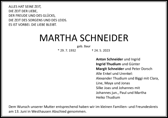 Traueranzeige von Martha Schneider von Schwäbische Post