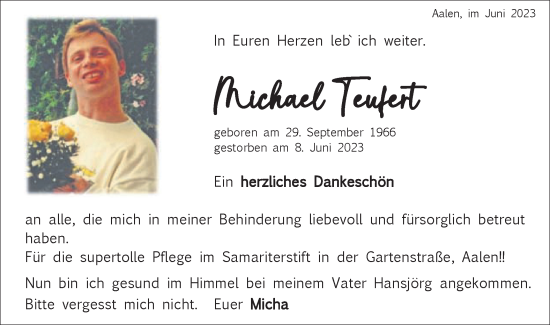 Traueranzeige von Michael Teufert von Schwäbische Post