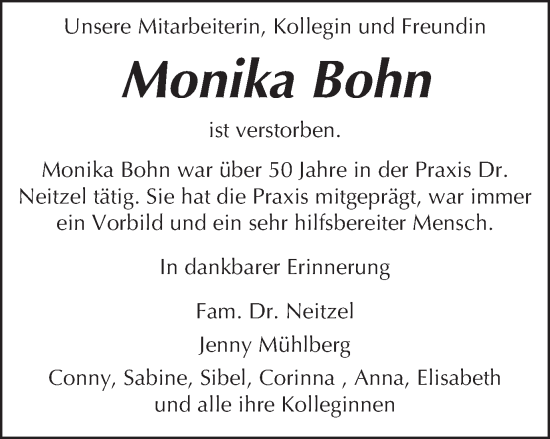 Traueranzeige von Monika Bohn von Schwäbische Post