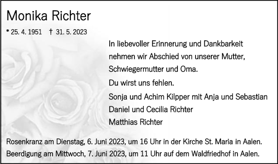 Traueranzeige von Monika Richter von Schwäbische Post