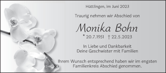Traueranzeige von Monika Bohn von Schwäbische Post