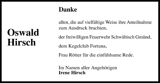 Traueranzeige von Oswald Hirsch von Gmünder Tagespost