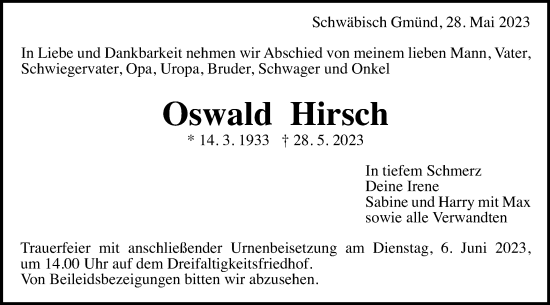 Traueranzeige von Oswald Hirsch von Gmünder Tagespost