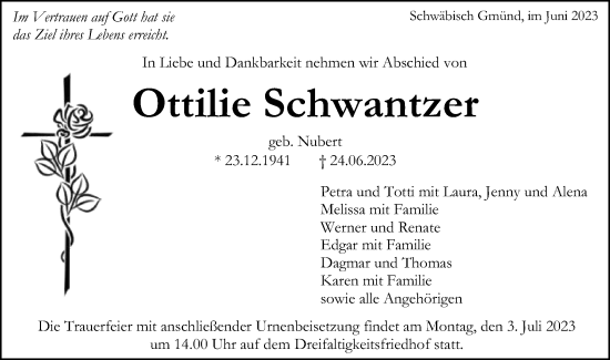 Traueranzeige von Ottilie Schwantzer von Gmünder Tagespost