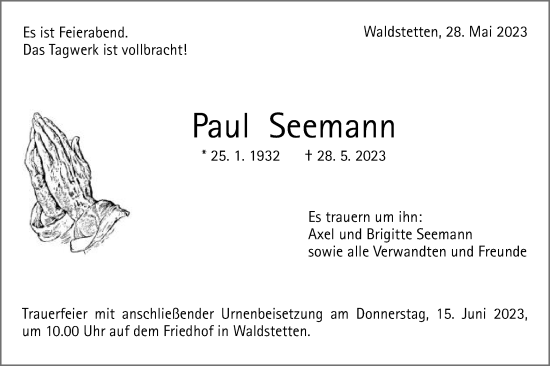 Traueranzeige von Paul Seemann von Gmünder Tagespost