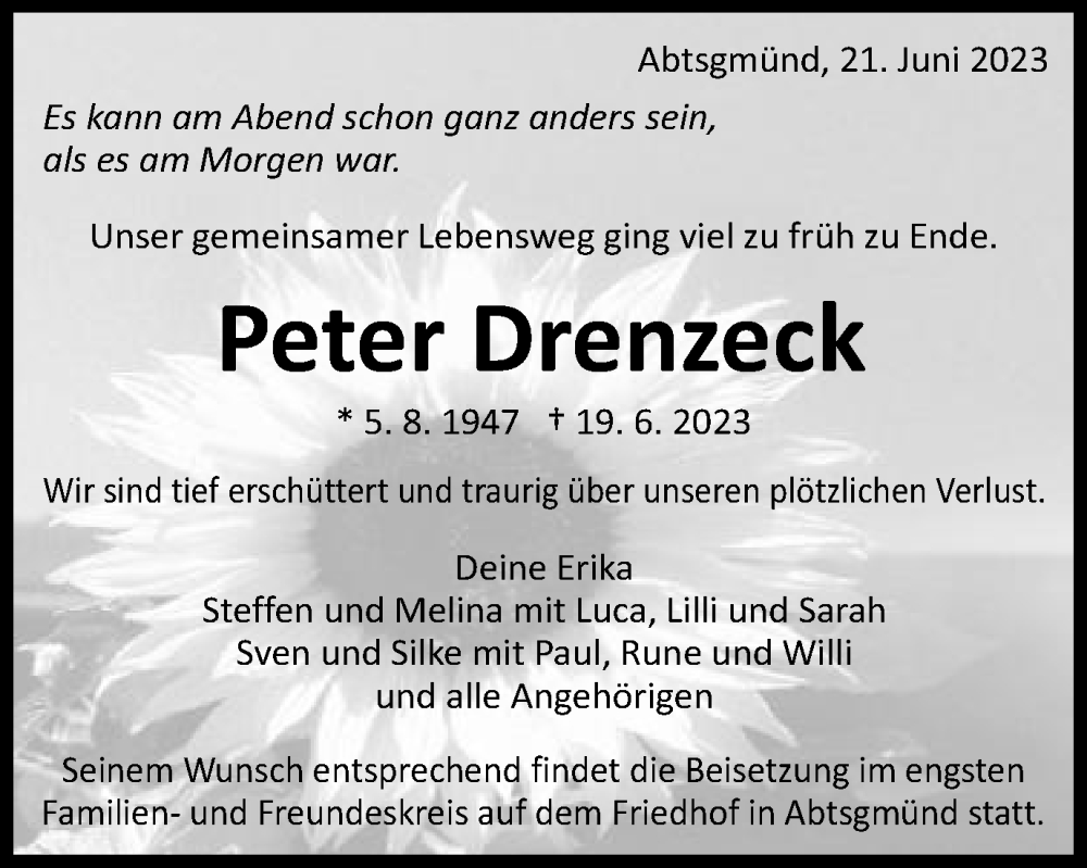  Traueranzeige für Peter Drenzeck vom 21.06.2023 aus Schwäbische Post