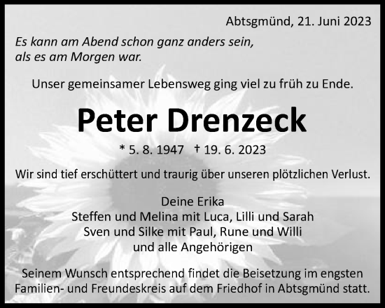 Traueranzeige von Peter Drenzeck von Schwäbische Post