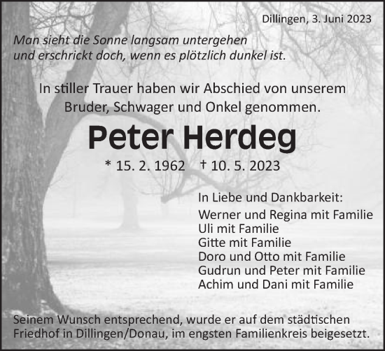 Traueranzeige von Peter Herdeg von Schwäbische Post