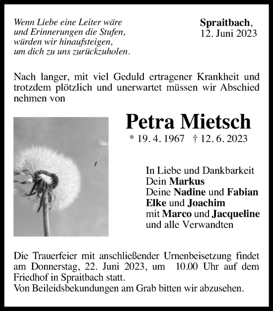 Traueranzeige von Petra Mietsch von Gmünder Tagespost