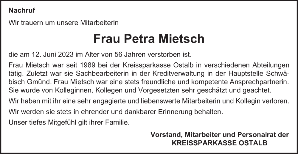  Traueranzeige für Petra Mietsch vom 22.06.2023 aus Gmünder Tagespost