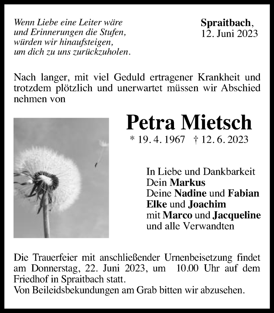  Traueranzeige für Petra Mietsch vom 17.06.2023 aus Gmünder Tagespost