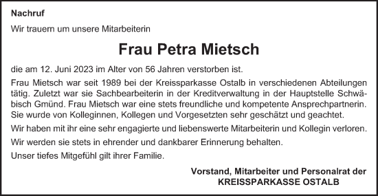 Traueranzeige von Petra Mietsch von Gmünder Tagespost