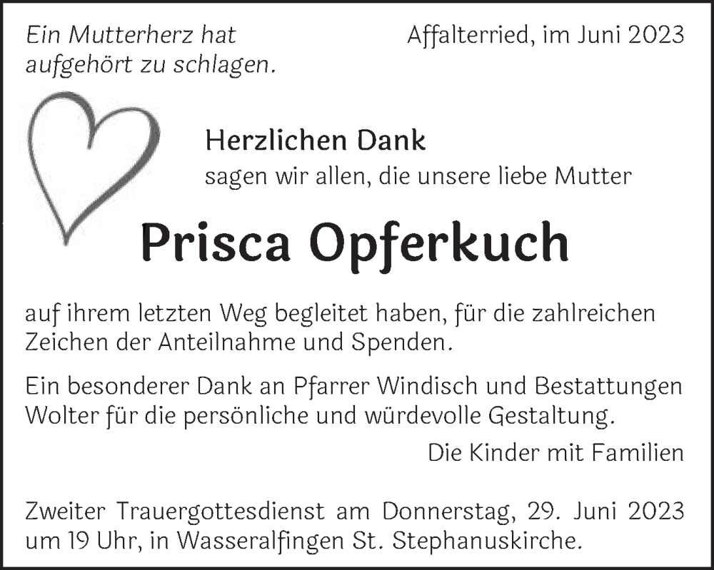  Traueranzeige für Prisca Opferkuch vom 24.06.2023 aus Schwäbische Post