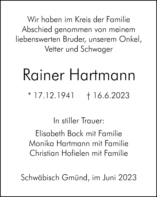 Traueranzeige von Rainer Hartmann von Gmünder Tagespost