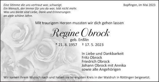 Traueranzeige von Regine Obrock von Schwäbische Post