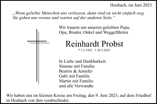 Traueranzeige von Reinhardt Probst von Gmünder Tagespost