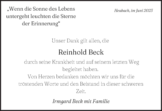 Traueranzeige von Reinhold Beck von Gmünder Tagespost