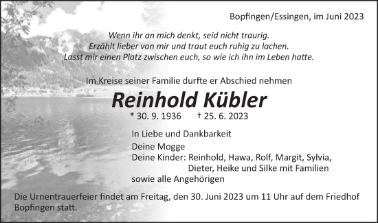 Traueranzeige von Reinhold Kübler von Schwäbische Post
