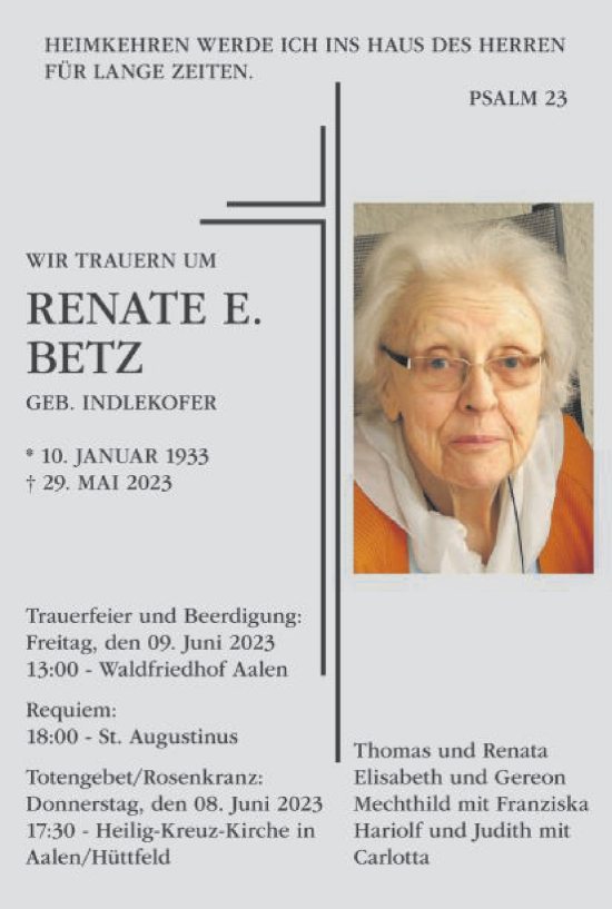 Traueranzeige von Renate Betz von Schwäbische Post