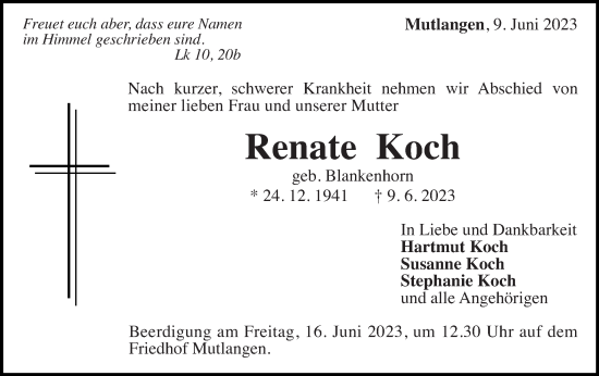 Traueranzeige von Renate Koch von Gmünder Tagespost