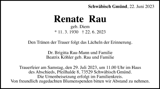 Traueranzeige von Renate Rau von Gmünder Tagespost