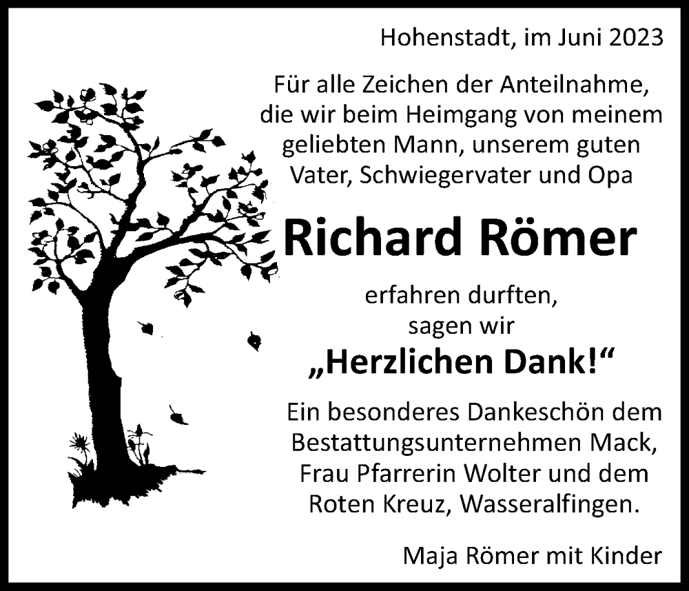  Traueranzeige für Richard Römer vom 03.06.2023 aus Schwäbische Post