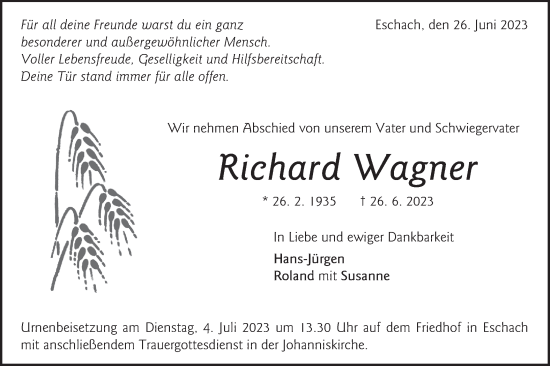 Traueranzeige von Richard Wagner von Gmünder Tagespost