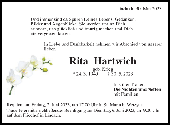 Traueranzeige von Rita Hartwich von Gmünder Tagespost