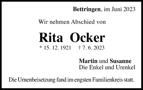 Traueranzeige von Rita Ocker von Gmünder Tagespost