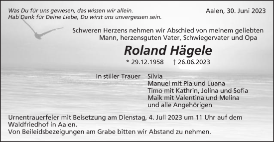 Traueranzeige von Roland Hägele von Schwäbische Post
