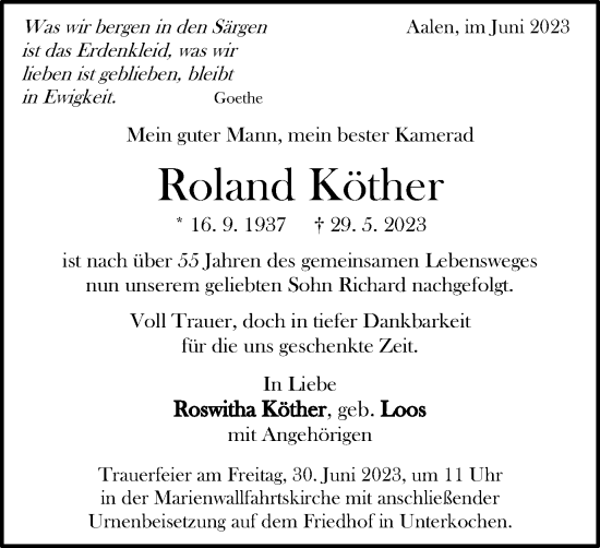 Traueranzeige von Roland Köther von Schwäbische Post