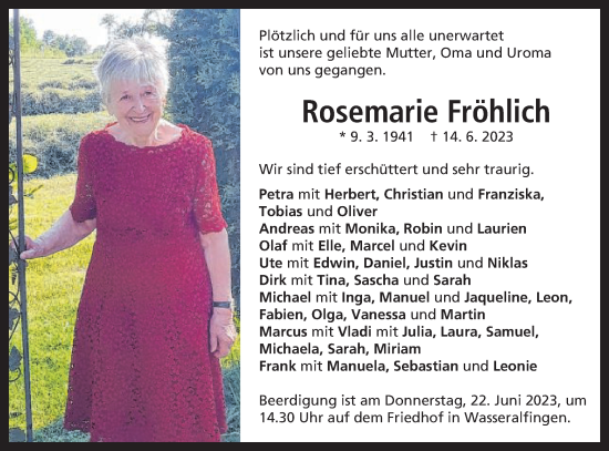 Traueranzeige von Rosemarie Fröhlich von Schwäbische Post