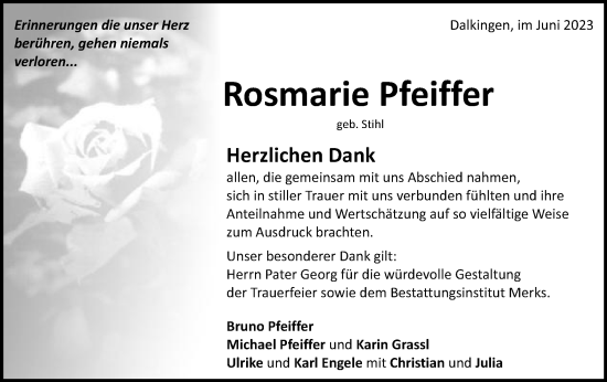 Traueranzeige von Rosmarie Pfeiffer von Schwäbische Post
