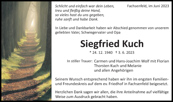 Traueranzeige von Siegfried Kuch von Schwäbische Post