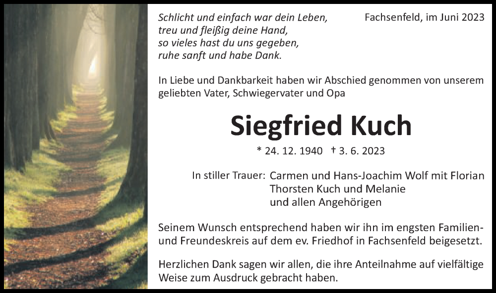  Traueranzeige für Siegfried Kuch vom 17.06.2023 aus Schwäbische Post