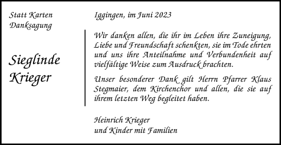 Traueranzeige von Sieglinde Krieger von Gmünder Tagespost