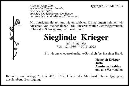 Traueranzeige von Sieglinde Krieger von Gmünder Tagespost