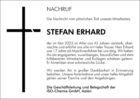 Traueranzeige von Stefan Erhard von Schwäbische Post