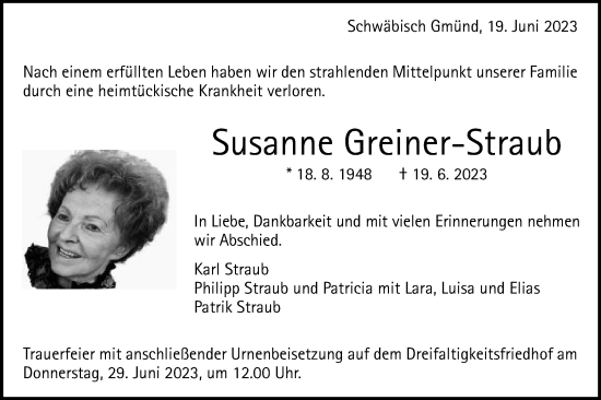 Traueranzeige von Susanne Greiner-Straub von Gmünder Tagespost