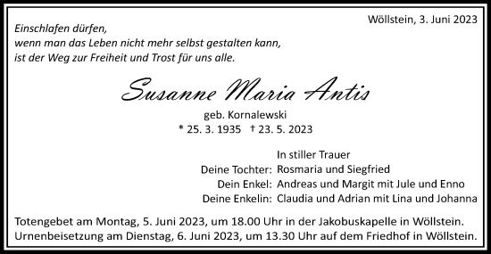 Traueranzeige von Susanne Maria Antis von Schwäbische Post