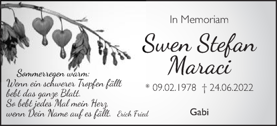 Traueranzeige von Swen Stefan Maraci von Schwäbische Post