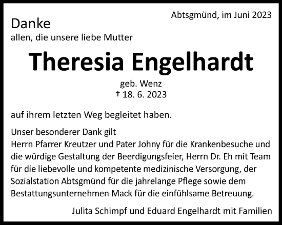 Traueranzeige von Theresia Engelhardt von Kocher-Lein-Bote