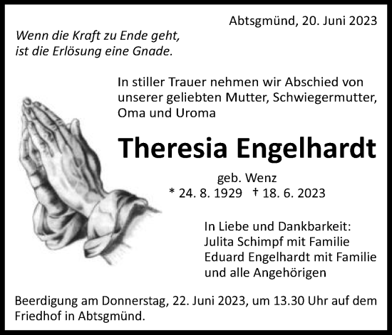 Traueranzeige von Theresia Engelhardt von Schwäbische Post