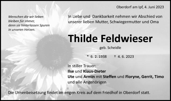 Traueranzeige von Thilde Feldwieser von Schwäbische Post