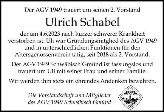 Traueranzeige von Ulrich Schabel von Gmünder Tagespost