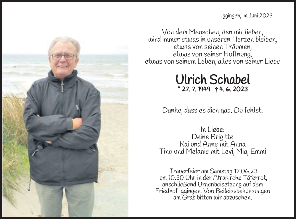  Traueranzeige für Ulrich Schabel vom 14.06.2023 aus Gmünder Tagespost
