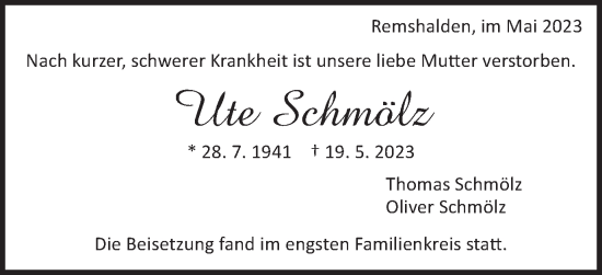 Traueranzeige von Ute Schmölz von Gmünder Tagespost